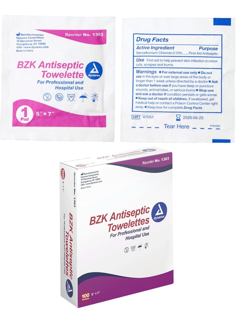 Dynarex Dynarex BZK Antiseptic Towelettes Moist Sanitizing Towelettes Designed to Prevent Infection in Minor Wounds 5x7 Disposable  Individually Wrapped 1 Box of 100 Packaging May Vary  - Image 1