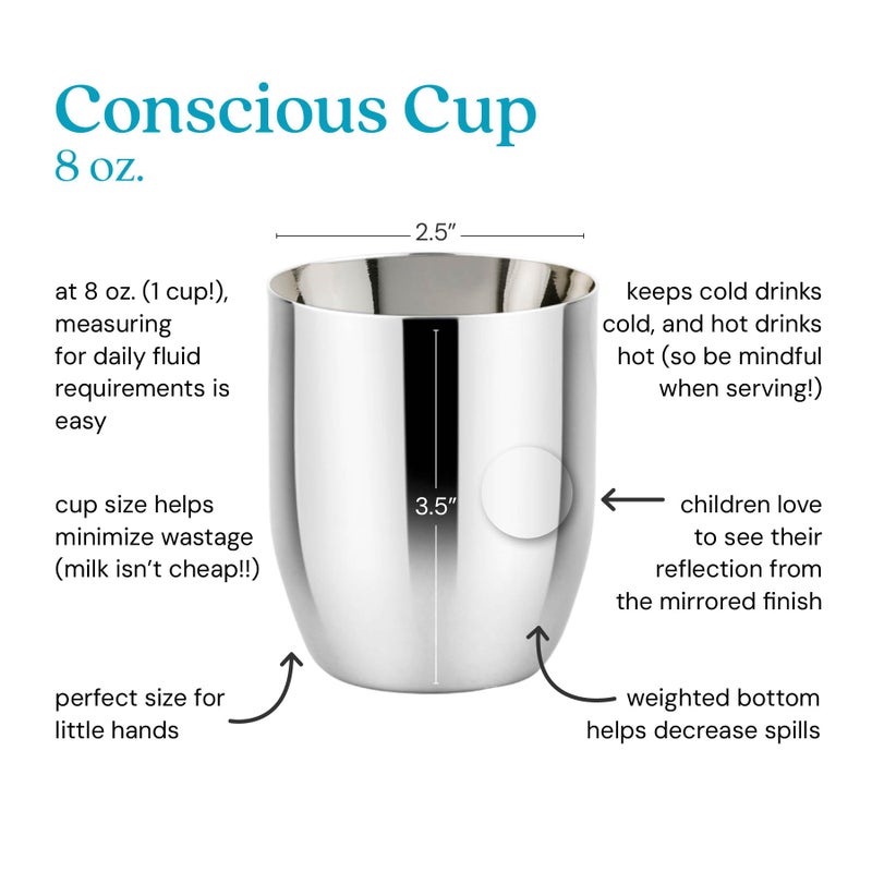 Ahimsa Stainless Steel Kids Cups, Pediatrician Designed, Premium Polished Toddler Cups for Open Cup Training, 8oz, 100% BPA Free & Dishwasher Safe, Classic Silver, Set of 4 - Image 2