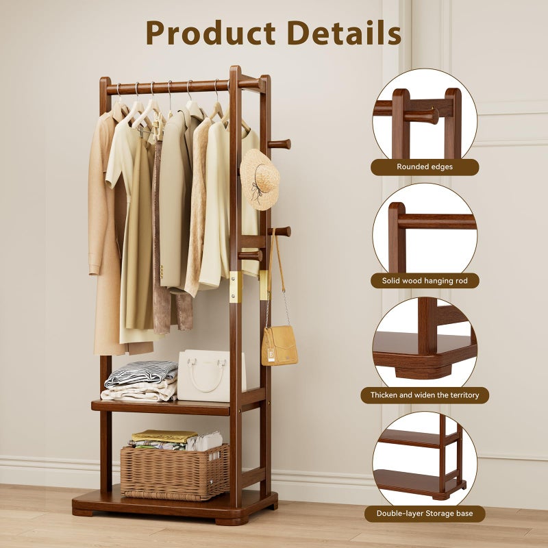 Taitiy Coat Rack Solid Wood Clothes Rack with 2 Shelves & 4 Hooks for Hanging Clothes Garment Wallets Hats, Clothing Rack Coat Rack Freestanding Hall Tree with Storage for Hallway Bedroom Living Room - Image 4