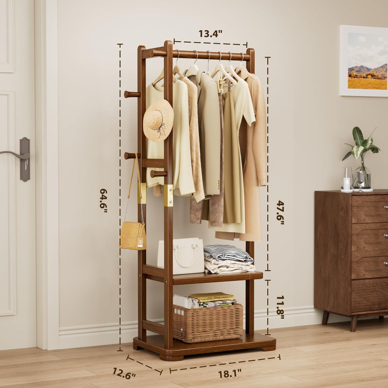 Taitiy Coat Rack Solid Wood Clothes Rack with 2 Shelves & 4 Hooks for Hanging Clothes Garment Wallets Hats, Clothing Rack Coat Rack Freestanding Hall Tree with Storage for Hallway Bedroom Living Room - Image 3