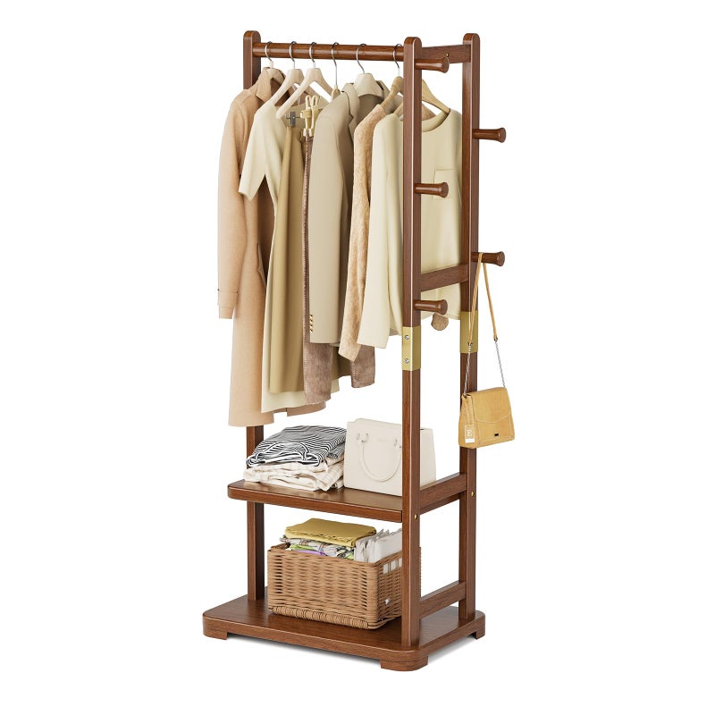 Taitiy Coat Rack Solid Wood Clothes Rack with 2 Shelves & 4 Hooks for Hanging Clothes Garment Wallets Hats, Clothing Rack Coat Rack Freestanding Hall Tree with Storage for Hallway Bedroom Living Room - Image 1