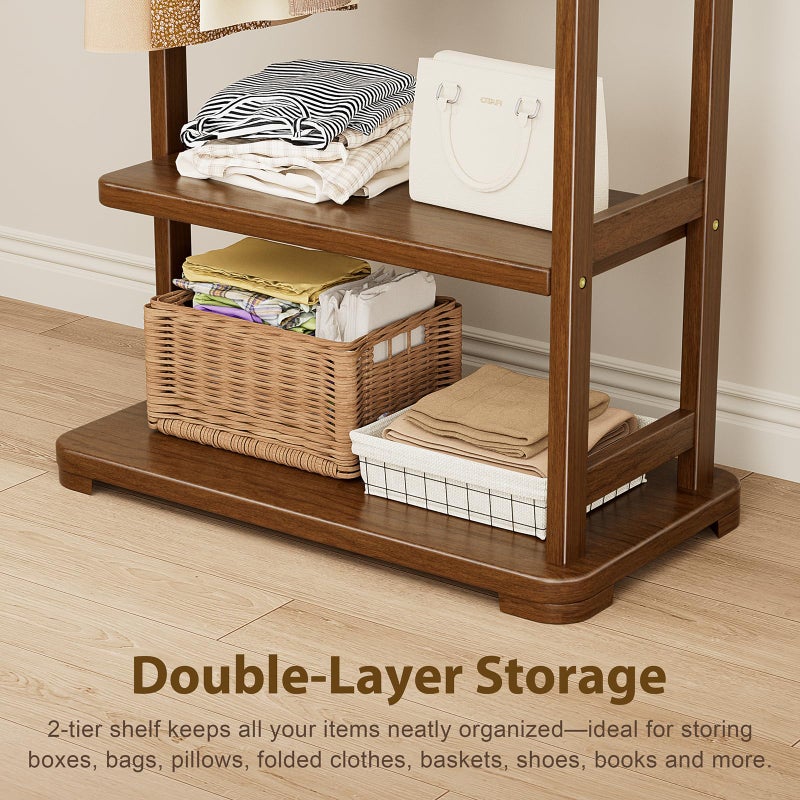 Taitiy Coat Rack Solid Wood Clothes Rack with 2 Shelves & 4 Hooks for Hanging Clothes Garment Wallets Hats, Clothing Rack Coat Rack Freestanding Hall Tree with Storage for Hallway Bedroom Living Room - Image 2