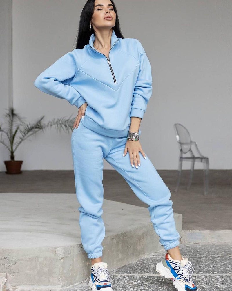 2023 cross-border spring and autumn fashion casual hooded sweater two-piece long sleeve solid color fleece skinny casual suit Sapphire Blue - Image 5