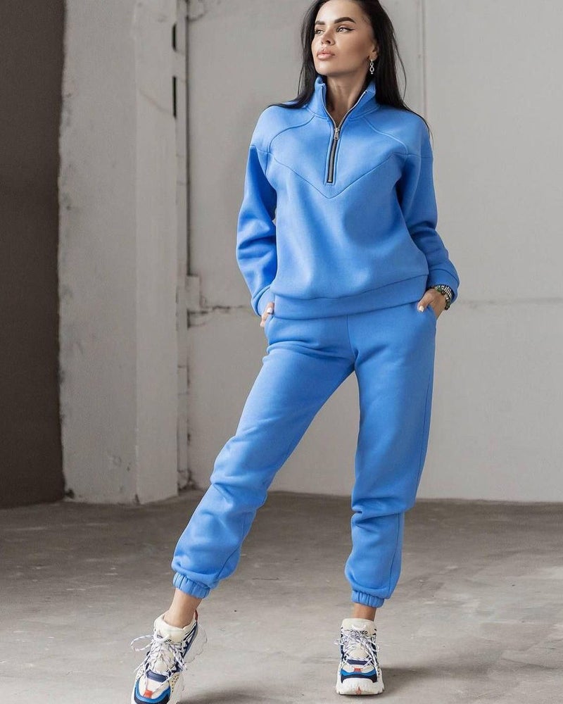 2023 cross-border spring and autumn fashion casual hooded sweater two-piece long sleeve solid color fleece skinny casual suit Sapphire Blue - Image 1