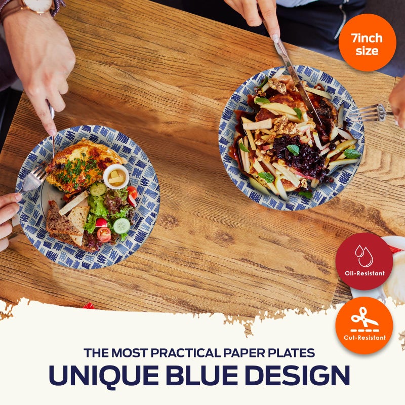 PAMI Heavy-Duty Disposable Small Round Paper Dinnerware, Microwave-Safe, Cut, Oil & Water Resistant, Unique Design (7 Inch Plate 200 Blue) - Image 2