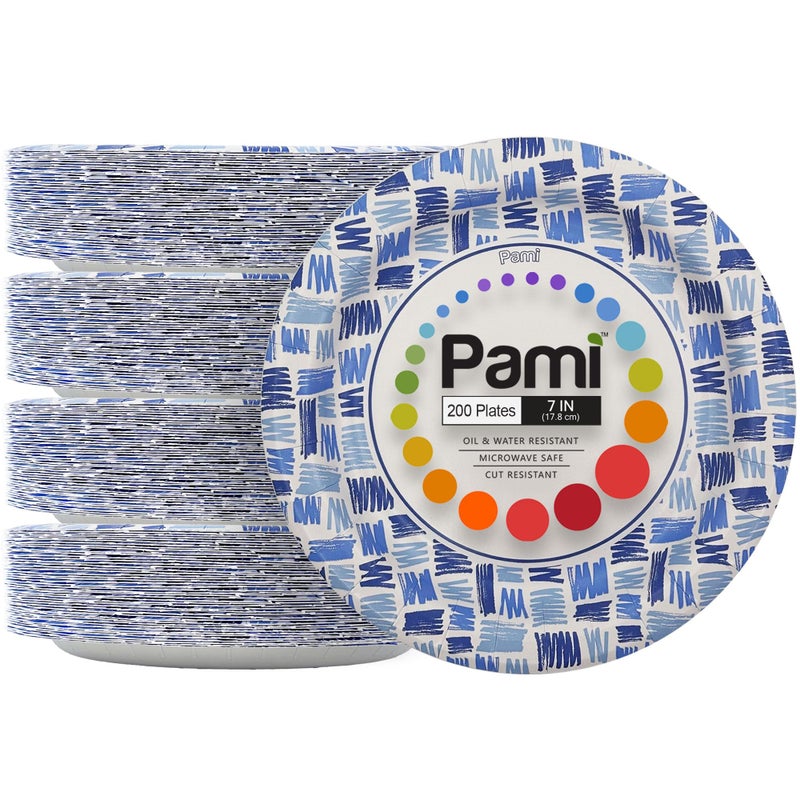 PAMI Heavy-Duty Disposable Small Round Paper Dinnerware, Microwave-Safe, Cut, Oil & Water Resistant, Unique Design (7 Inch Plate 200 Blue) - Image 1