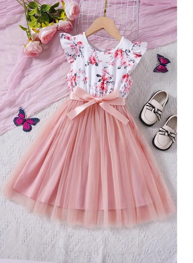 MENSBIT Baby Girl Floral Printed Party Dress Soft Modal Top with Net Flare Skirt Sleeveless Birthday & Festive Frock(2 Year) Pink - Image 4