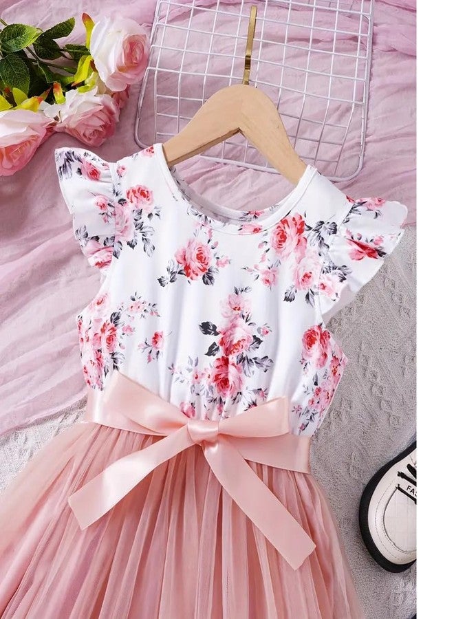 MENSBIT Baby Girl Floral Printed Party Dress Soft Modal Top with Net Flare Skirt Sleeveless Birthday & Festive Frock(2 Year) Pink - Image 3