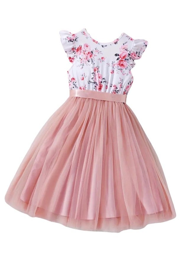 MENSBIT Baby Girl Floral Printed Party Dress Soft Modal Top with Net Flare Skirt Sleeveless Birthday & Festive Frock(2 Year) Pink - Image 1