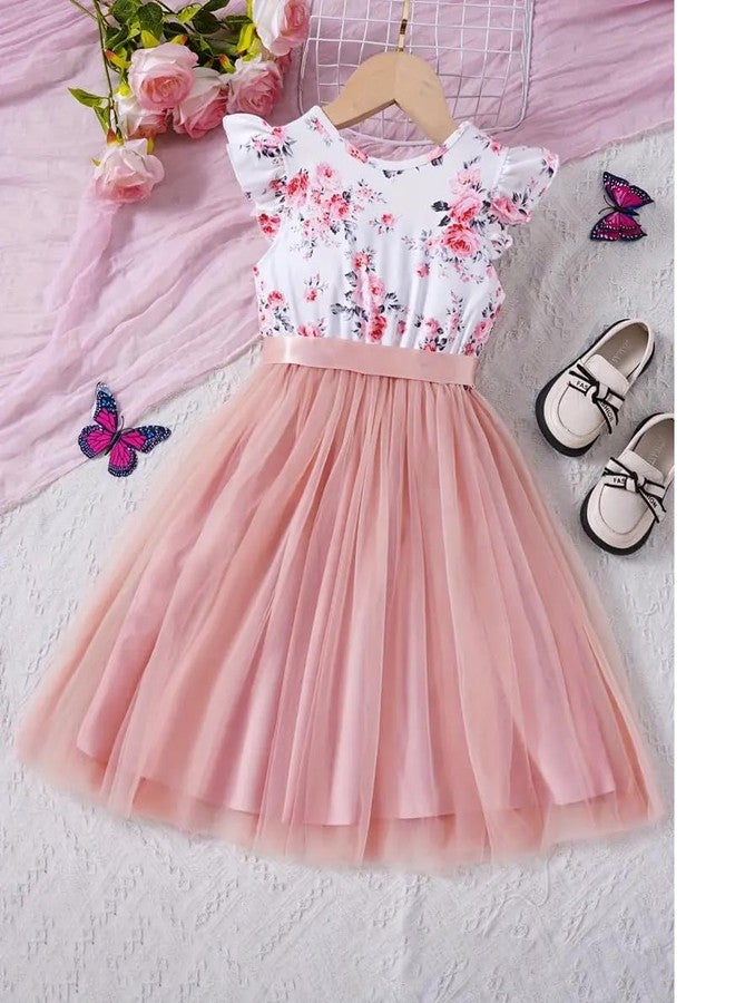 MENSBIT Baby Girl Floral Printed Party Dress Soft Modal Top with Net Flare Skirt Sleeveless Birthday & Festive Frock(2 Year) Pink - Image 2