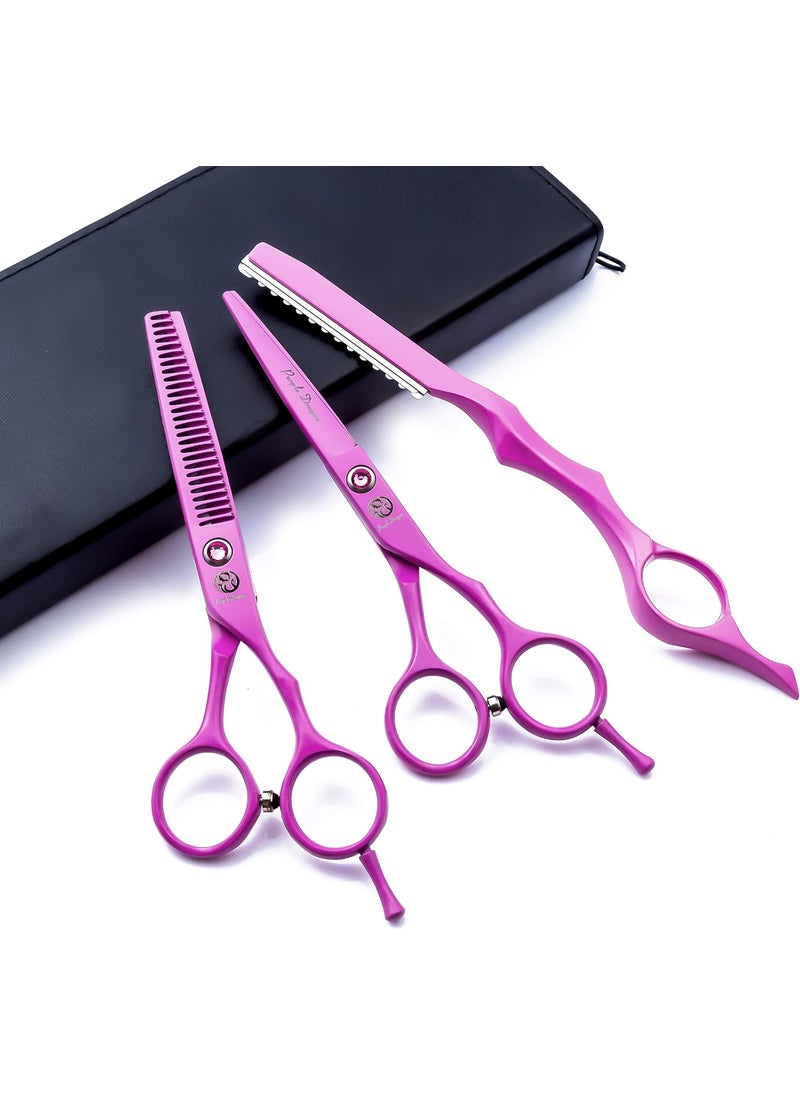 Purple Dragon - 55 inch Pink Hair Cutting Scissors Set with Razor Leather Scissors CaseHair Cutting Shears Hair Thinning Shears for Female Hairdresser or Home Use - Image 1