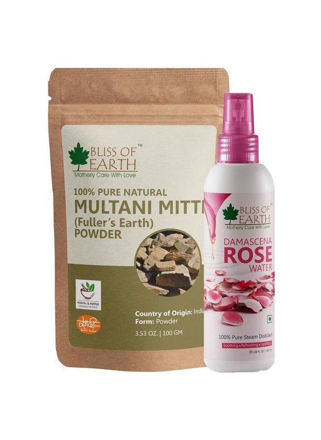 BLISS OF EARTH - Multani Mitti Fine Powder 100Gm With 100Ml Rose Water Best Organic And Natural Face Mask For Pimple, Acne, Smooth Skin, Chemical Free - Image 1