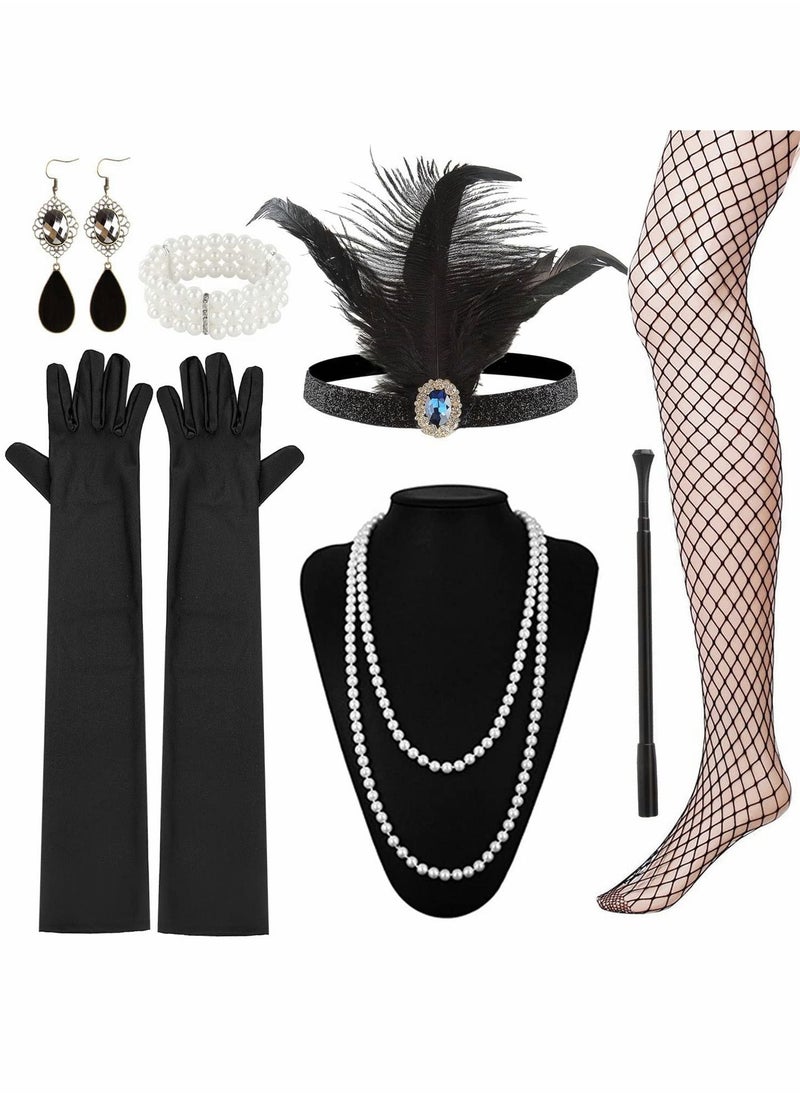 Excefore - Party Dress Up Set, 1920s Flapper Accessories Set for Women, Fancy Dress Party Accessories with Flapper Headband Long Gloves Pearl Necklace, Theme Party Accessories - Image 1