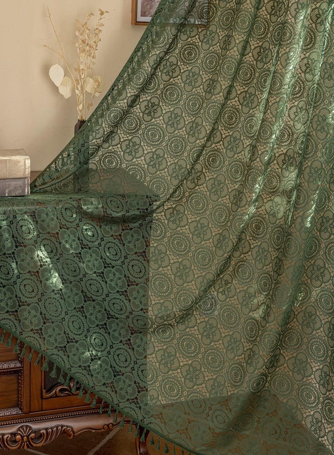 YJ YANJUN Green Boho Lace Curtains 108 inches Long 2 Panel Sets Retro Crochet Sheer Curtains for Living Room Bedroom Light Filtering Tassels High Ceiling Window Treatment Drapes 59" W x 108" L Emerald Green - Image 3