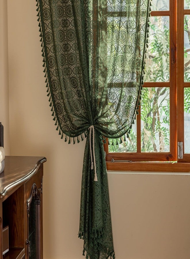YJ YANJUN Green Boho Lace Curtains 108 inches Long 2 Panel Sets Retro Crochet Sheer Curtains for Living Room Bedroom Light Filtering Tassels High Ceiling Window Treatment Drapes 59" W x 108" L Emerald Green - Image 4