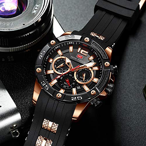 MF MINI FOCUS Men Watches Unique Casual Wrist Watches (Chronograph/Waterproof/Luminous/Calendar/25 Hours) Silicon Band Fashion Watches for Men (Black_Golden) - Image 2