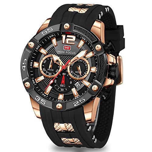 MF MINI FOCUS Men Watches Unique Casual Wrist Watches (Chronograph/Waterproof/Luminous/Calendar/25 Hours) Silicon Band Fashion Watches for Men (Black_Golden) - Image 1