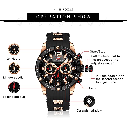 MF MINI FOCUS Men Watches Unique Casual Wrist Watches (Chronograph/Waterproof/Luminous/Calendar/25 Hours) Silicon Band Fashion Watches for Men (Black_Golden) - Image 5