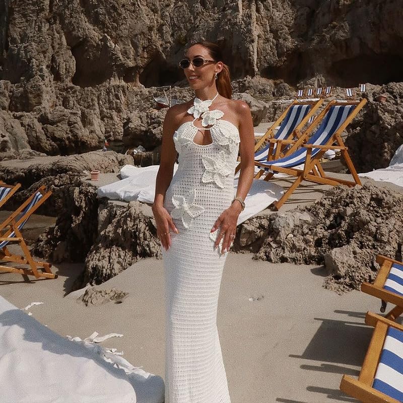 RanRui Women's Halter 3D Flower Knitted Hollow Out Beach Dress balckless Open Back Swimsuit Cover up Holiday Party Dress (US, Alpha, Small, Regular, Regular, White) - Image 5