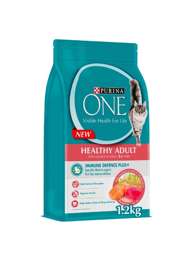 بورينا طعام القطط الصحية بورينا ون للبالغين مع سمك السلمون والتونة 1.2 كجم، تركيبة مناعية إضافية لصحة الجهاز الهضمي وأسنان قوية
