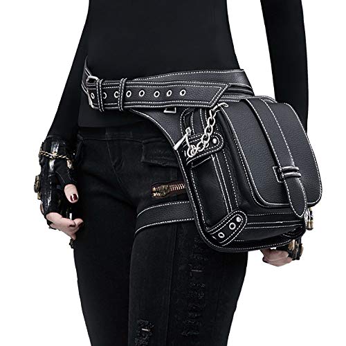 FiveloveTwo Men Women PU Leather Multi-functional Tactical Drop Leg Waist Bag Fanny Pack Hiking Camping Trekking Cycling Hip Belt Messenger Bag Black - Image 3