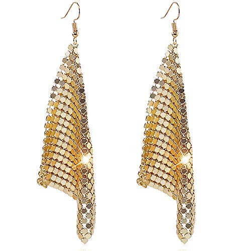 Suyi Trendy Women Earrings Metal Mesh Grid Sequins Tassel Long Drop Dangle Earrings Gold - Image 1