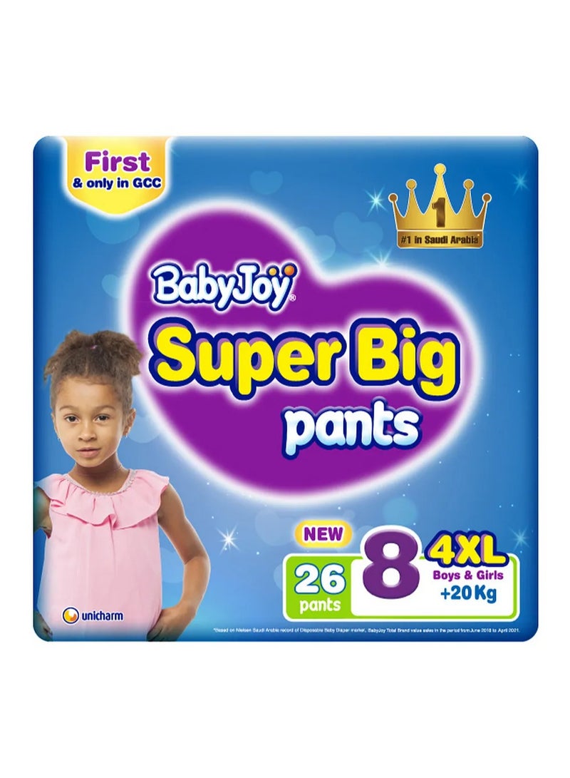 حفاضات بيبي جوي بنمط السروال 4XL - كبيرة جداً للأطفال الذين يزيد وزنهم عن 20 كجم، حاجز تسرب مزدوج، هواء منعش، 26 قطعة