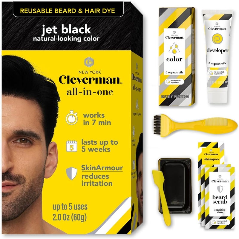 Cleverman Jet Black Hair & Beard Dye for Men, All-in-One Reusable Kit - Mens Color For Natural-Looking Gray Coverage, Professional-Quality and Ammonia-Free for Hair, Beard & Gray Mustache - Image 1