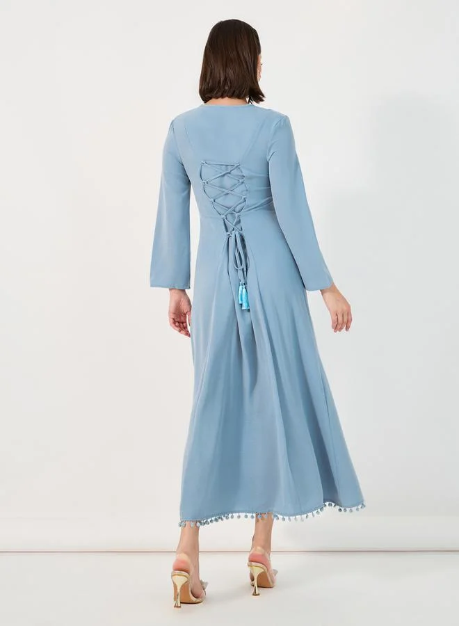 Styli Tie-Up Back Detail Pompom Edge Jalabiya
