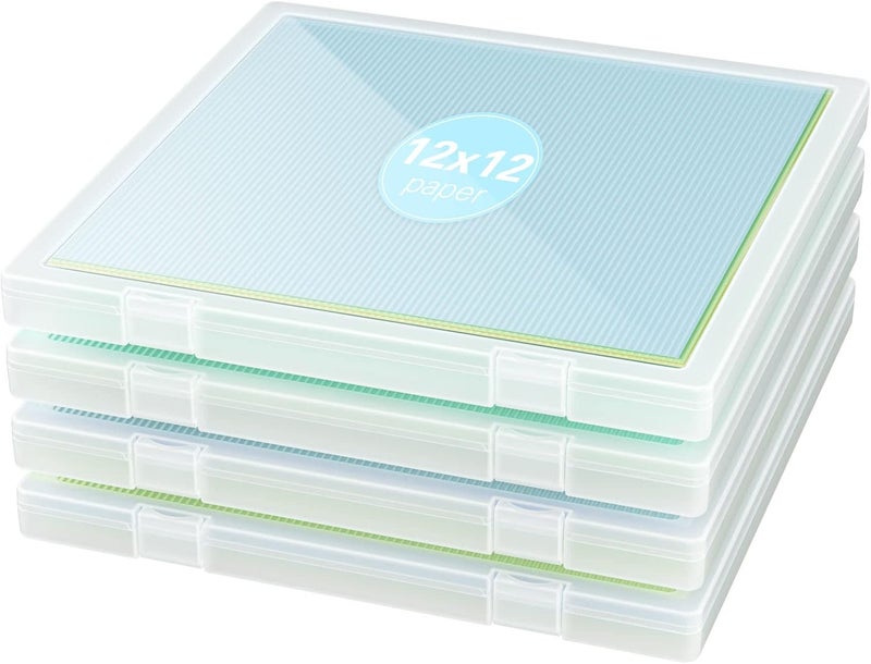 Denkee 12 x 12 Paper Storage, 4 Pack Scrapbook Storage Box for 12" x 12" Paper, Plastic Portable Project Case, Slim Documents Magazines Paper Protector (12.4 x 12.8 x 1.1 in) - Image 1
