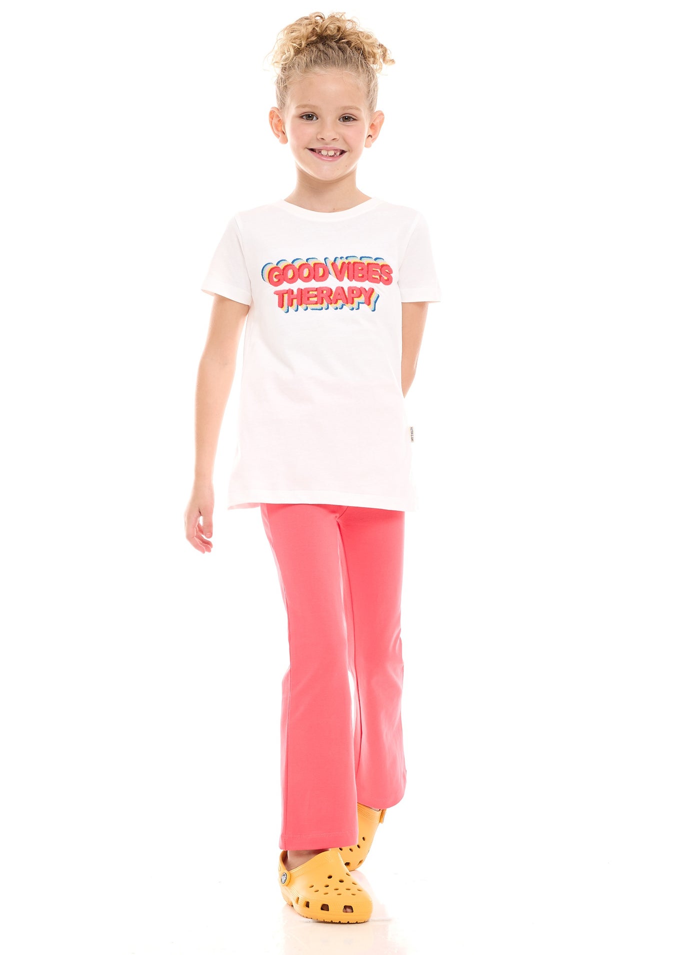 victor and jane Girls’ 2-Piece Outfit Set - (2-8 Years)Tee & Flared Legging - Offwhite & Coral