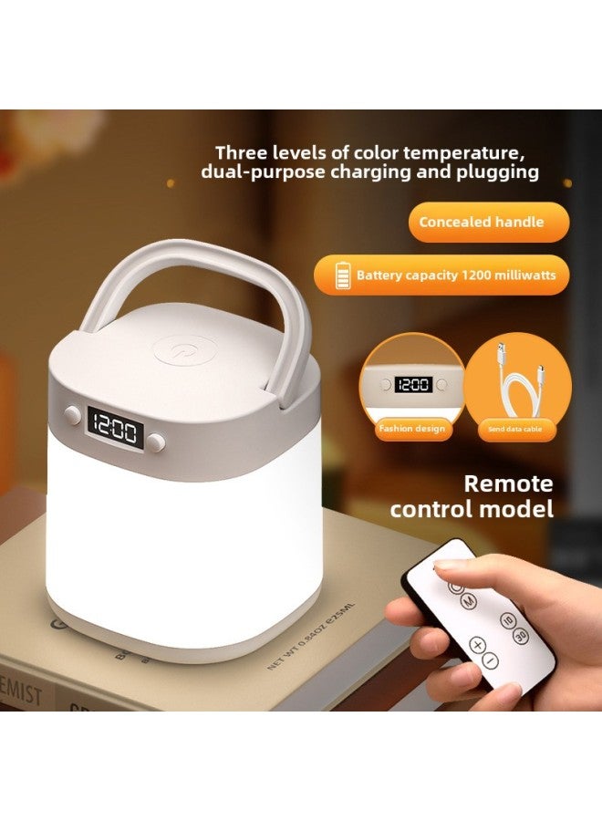 Super Remote Control Bedside Lamp Clock Bedroom Baby Feeding Lamp Night Light Homestay Bedside Lamp Portable Outdoor Table Lamp-Color:Rechargeable (100mah) Remote Control + Clock - Image 1