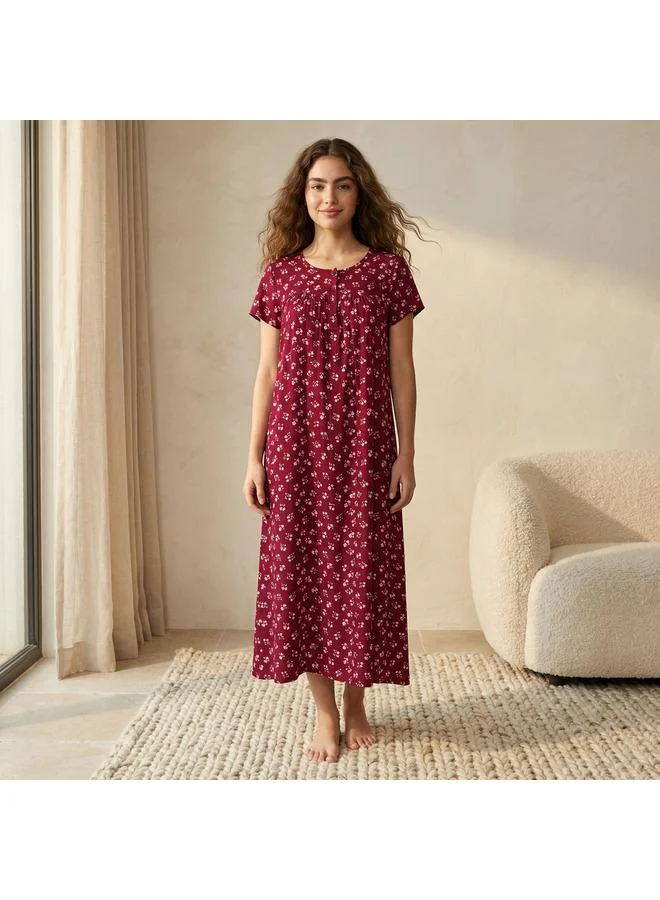 Splash FAV Midi Night Dress Short Sleeves Floral Print Viscose
