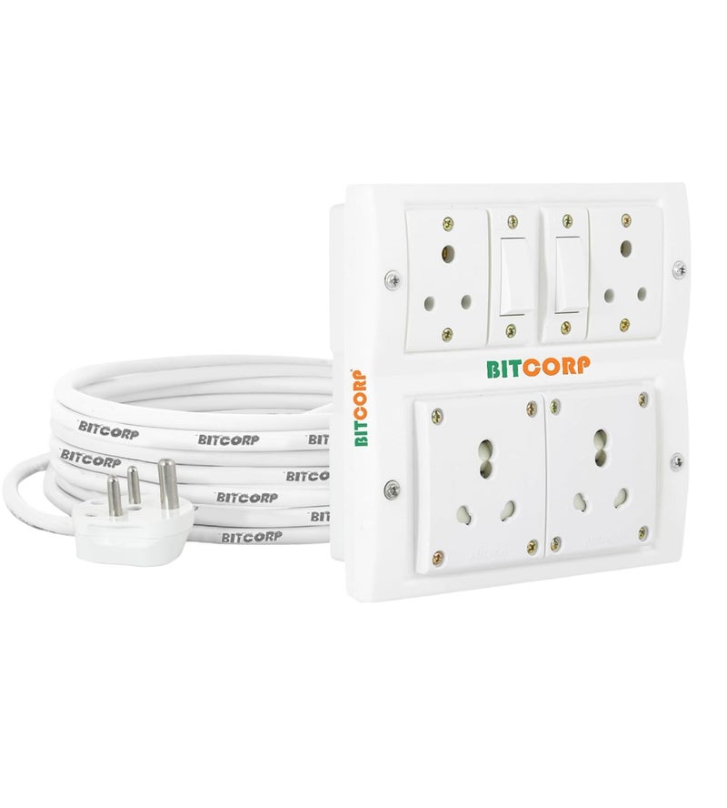 Bitcorp Extension Board Small and Heavy Duty Junction Box 6A 16A 20A 4 Way Socket 2 Switch 2000W High Voltage with Thermal Protection Surge Control 4 Meter Long Cable Cord White - Image 1
