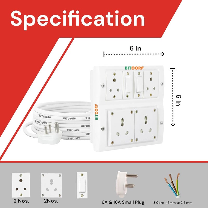 Bitcorp Extension Board Small and Heavy Duty Junction Box 6A 16A 20A 4 Way Socket 2 Switch 2000W High Voltage with Thermal Protection Surge Control 4 Meter Long Cable Cord White - Image 3