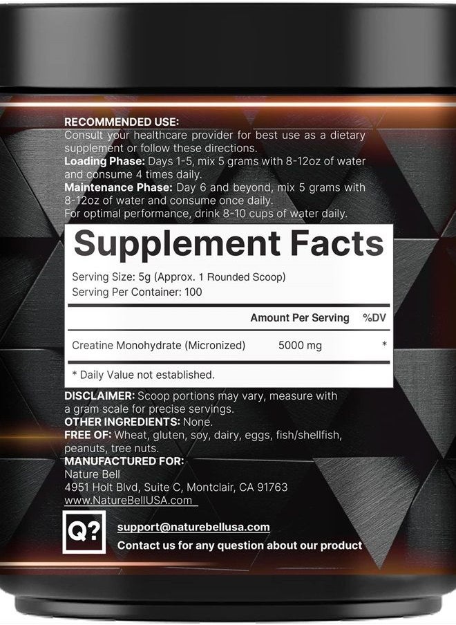 NatureBell - Creatine Monohydrate Powder 500 Grams, 5000mg Per Serving, Pure Unflavored Creatine Powder - Micronized - Pre Workout | Keto | Vegan | Dissolves Easy | Filler Free - 100 Servings (1.1Lb) - Image 1