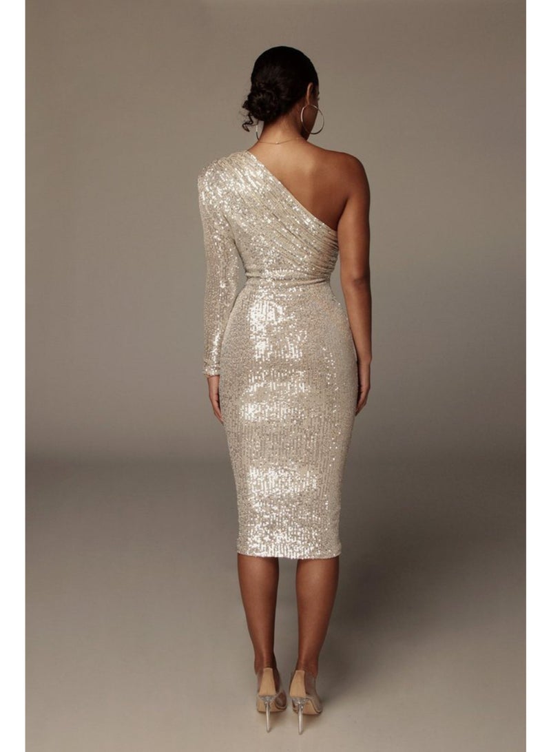 NIBEMINENT Sequins Glitter Prom Dress One-Shoulder Sequin Long Sleeve Evening Dress Party Gown Sheath Mid Length Unique Great Dress - Image 4