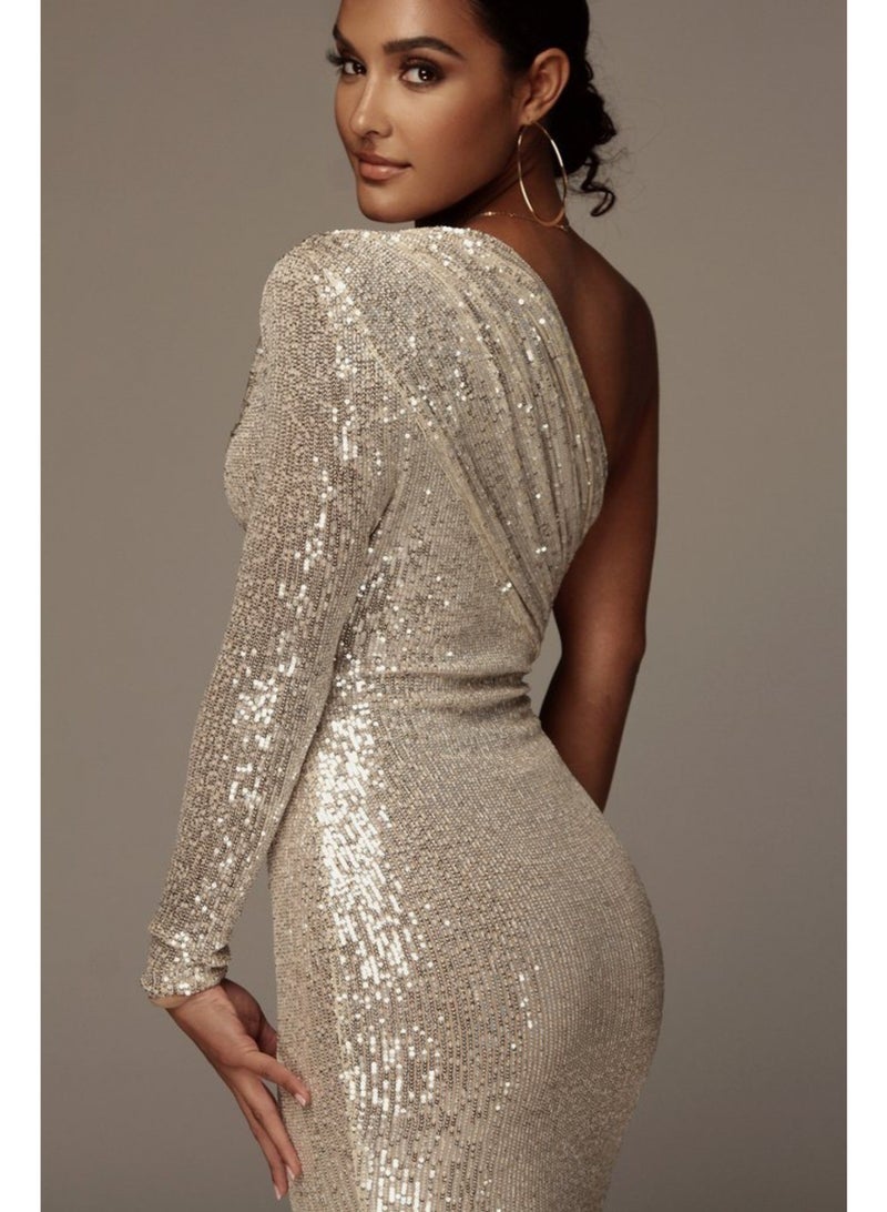 NIBEMINENT Sequins Glitter Prom Dress One-Shoulder Sequin Long Sleeve Evening Dress Party Gown Sheath Mid Length Unique Great Dress - Image 3