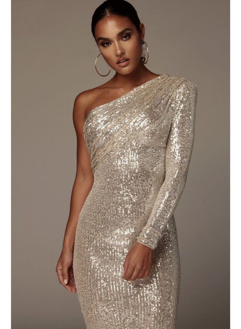 NIBEMINENT Sequins Glitter Prom Dress One-Shoulder Sequin Long Sleeve Evening Dress Party Gown Sheath Mid Length Unique Great Dress - Image 5