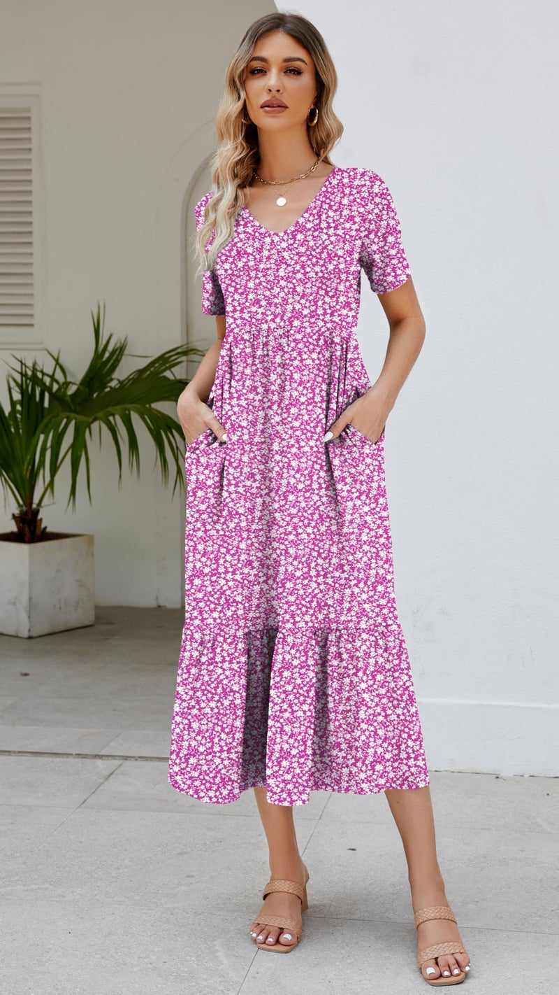 Jeqeocafy Women's 2026 Summer Short Sleeve V Neck Swing Dress Flowy Tiered Maxi Beach Sundress with Pockets - Image 4