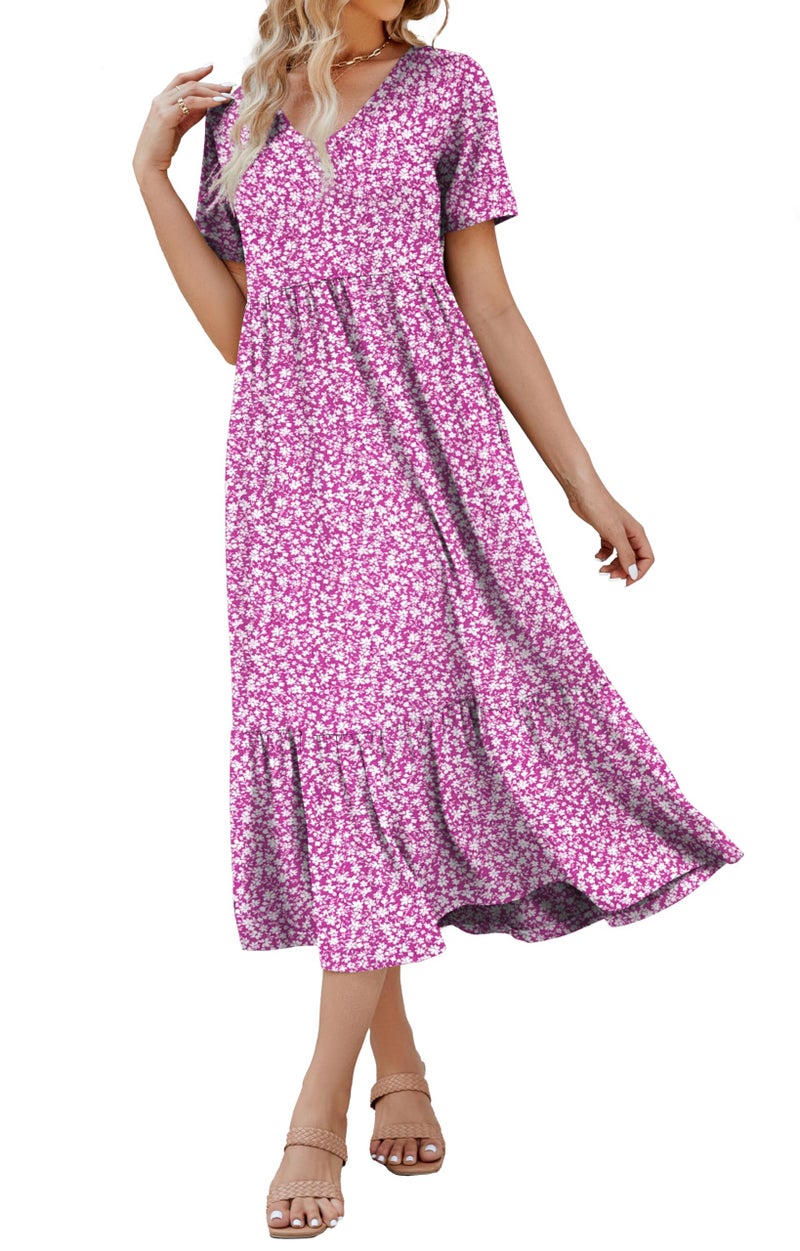 Jeqeocafy Women's 2026 Summer Short Sleeve V Neck Swing Dress Flowy Tiered Maxi Beach Sundress with Pockets - Image 1