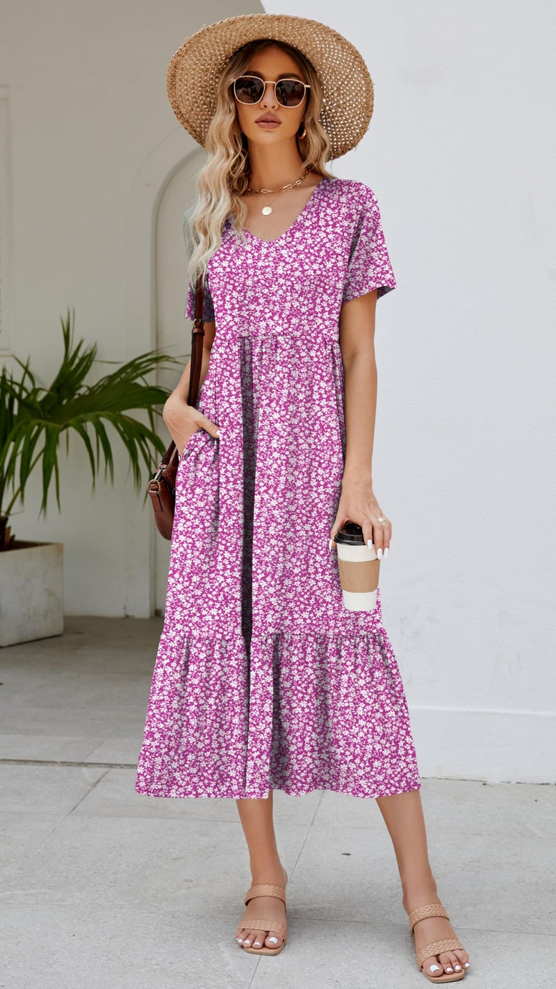Jeqeocafy Women's 2026 Summer Short Sleeve V Neck Swing Dress Flowy Tiered Maxi Beach Sundress with Pockets - Image 3