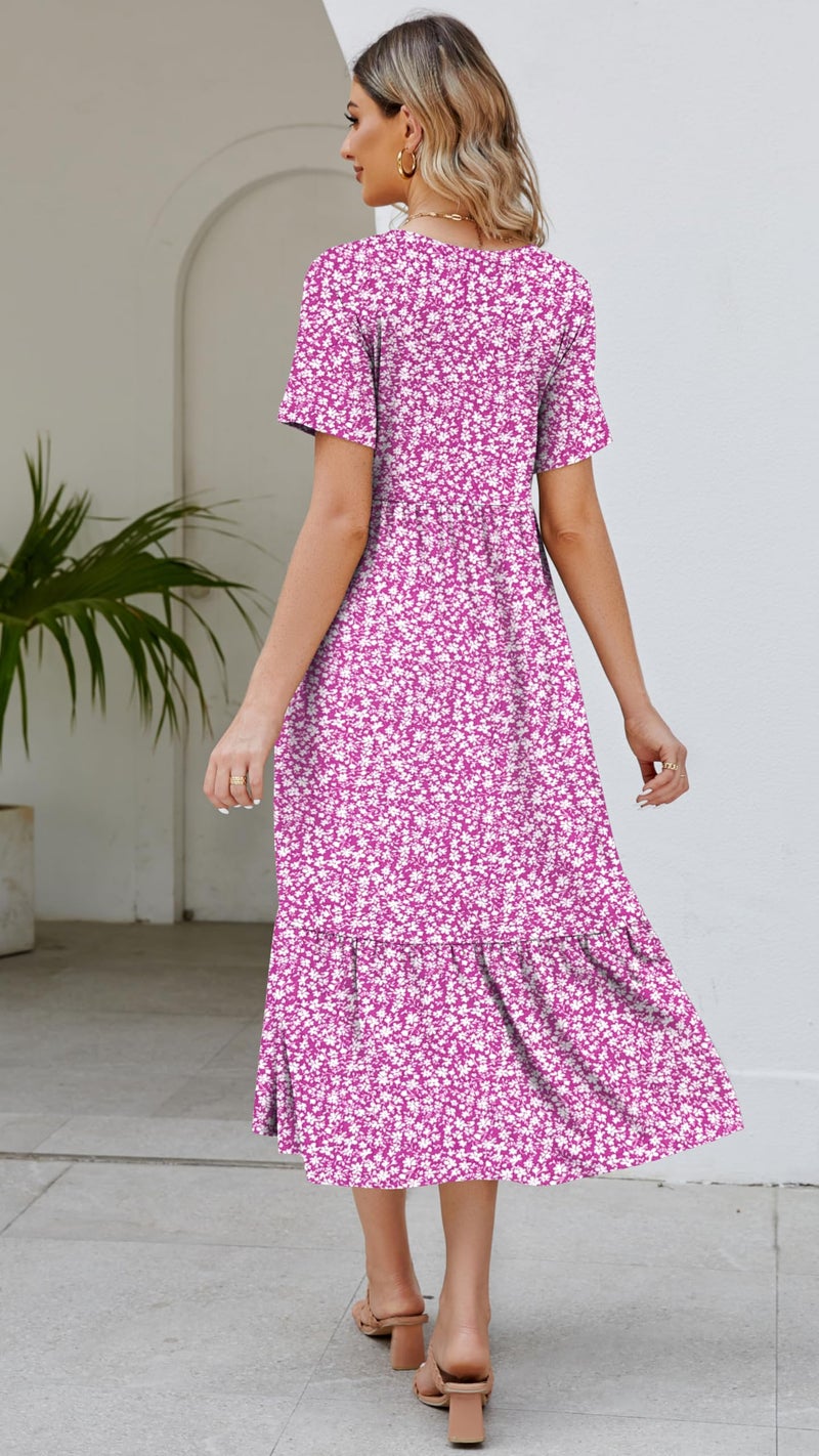 Jeqeocafy Women's 2026 Summer Short Sleeve V Neck Swing Dress Flowy Tiered Maxi Beach Sundress with Pockets - Image 5
