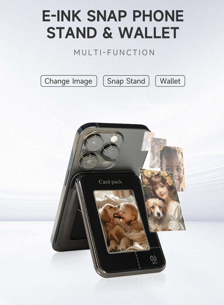E-Ink Screen Magnetic Card Holder Stand – DIY Projection Magnetic Leather Card Wallet & Multifunctional Portable Phone Stand - Image 2