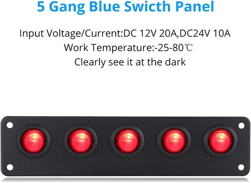 QASULER 5 Gang ON-Off Toggle Rocker Switch Panel - Image 2