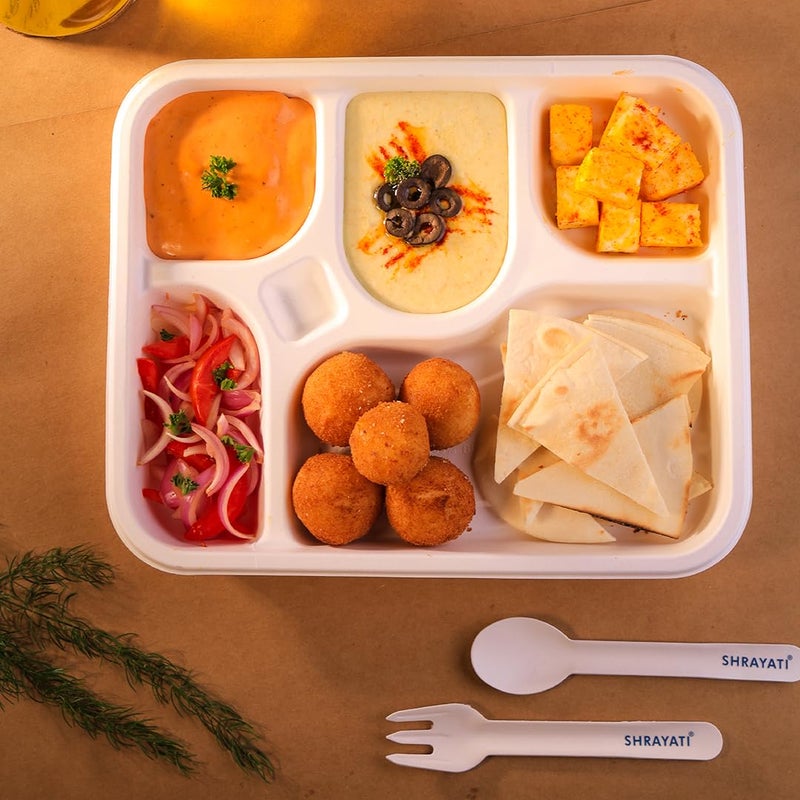 SHRAYATI Disposable Bagasse Plates 50 Pcs Pack Pack of 1 5 Compartment Rectangle Disposable Plates Sugarcane Paper Plates Disposable Plates for Parties Use and Throw Plates EcoFriendly - Image 5