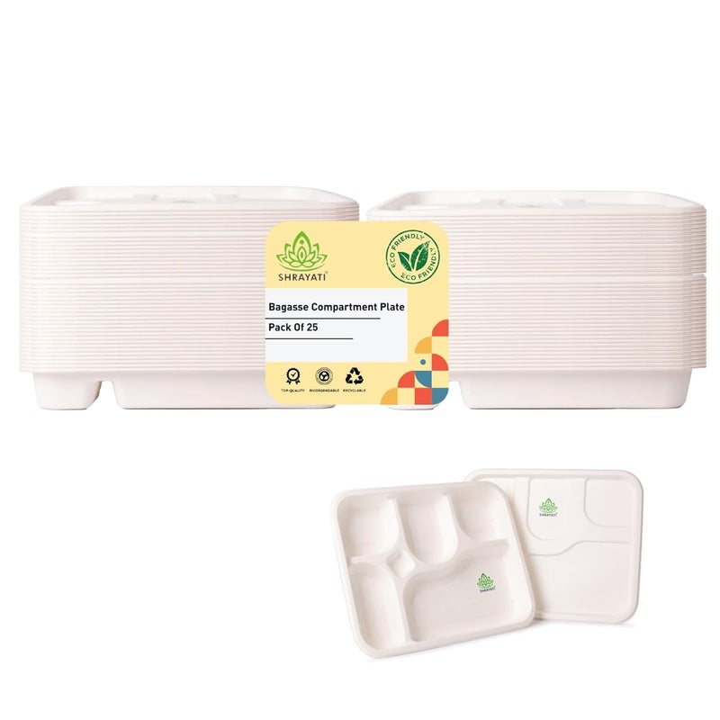 SHRAYATI Disposable Bagasse Plates 50 Pcs Pack Pack of 1 5 Compartment Rectangle Disposable Plates Sugarcane Paper Plates Disposable Plates for Parties Use and Throw Plates EcoFriendly - Image 1