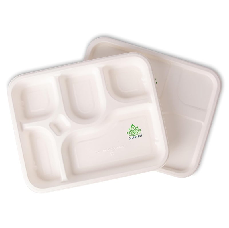SHRAYATI Disposable Bagasse Plates 50 Pcs Pack Pack of 1 5 Compartment Rectangle Disposable Plates Sugarcane Paper Plates Disposable Plates for Parties Use and Throw Plates EcoFriendly - Image 4
