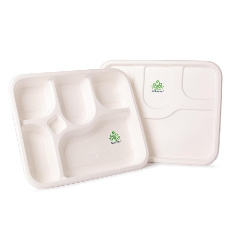 SHRAYATI Disposable Bagasse Plates 50 Pcs Pack Pack of 1 5 Compartment Rectangle Disposable Plates Sugarcane Paper Plates Disposable Plates for Parties Use and Throw Plates EcoFriendly - Image 2