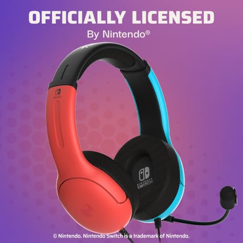 PDP Gaming LVL40 Airlite Stereo Headset for Nintendo Switch/Lite/OLED - Wired Power Noise Cancelling Microphone, Lightweight Soft Comfort On Ear Headphones (Mario Neon - Red & Blue) - Image 2